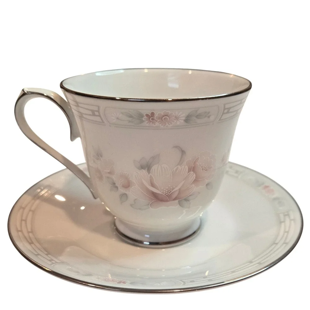 Noritake Carthage 3330 Tea Cup and Saucer Set Floral Platinum Trim Bone China